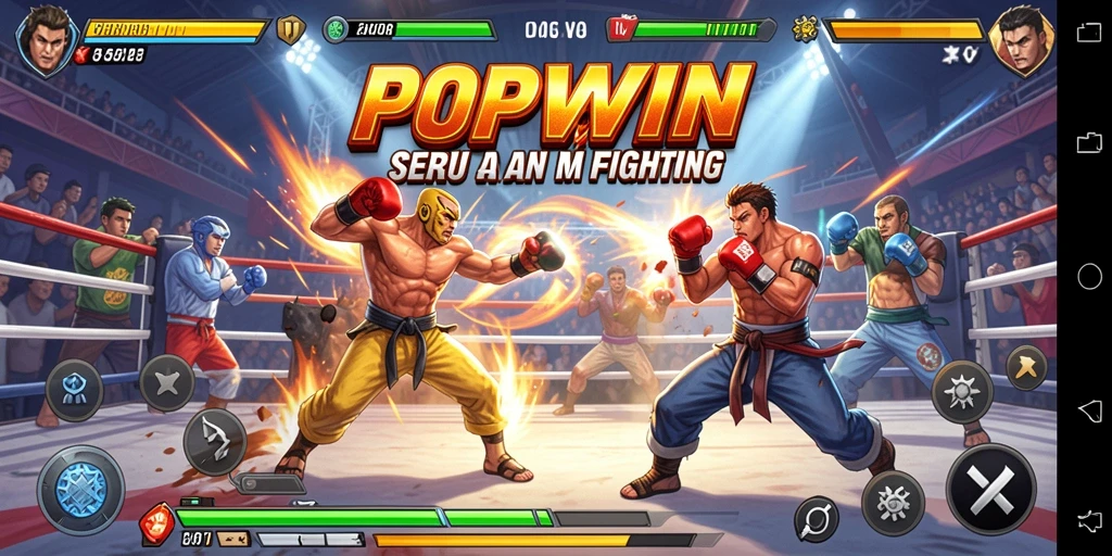 Screenshot utama dari gameplay POPWIN yang menampilkan aksi pertarungan seru.